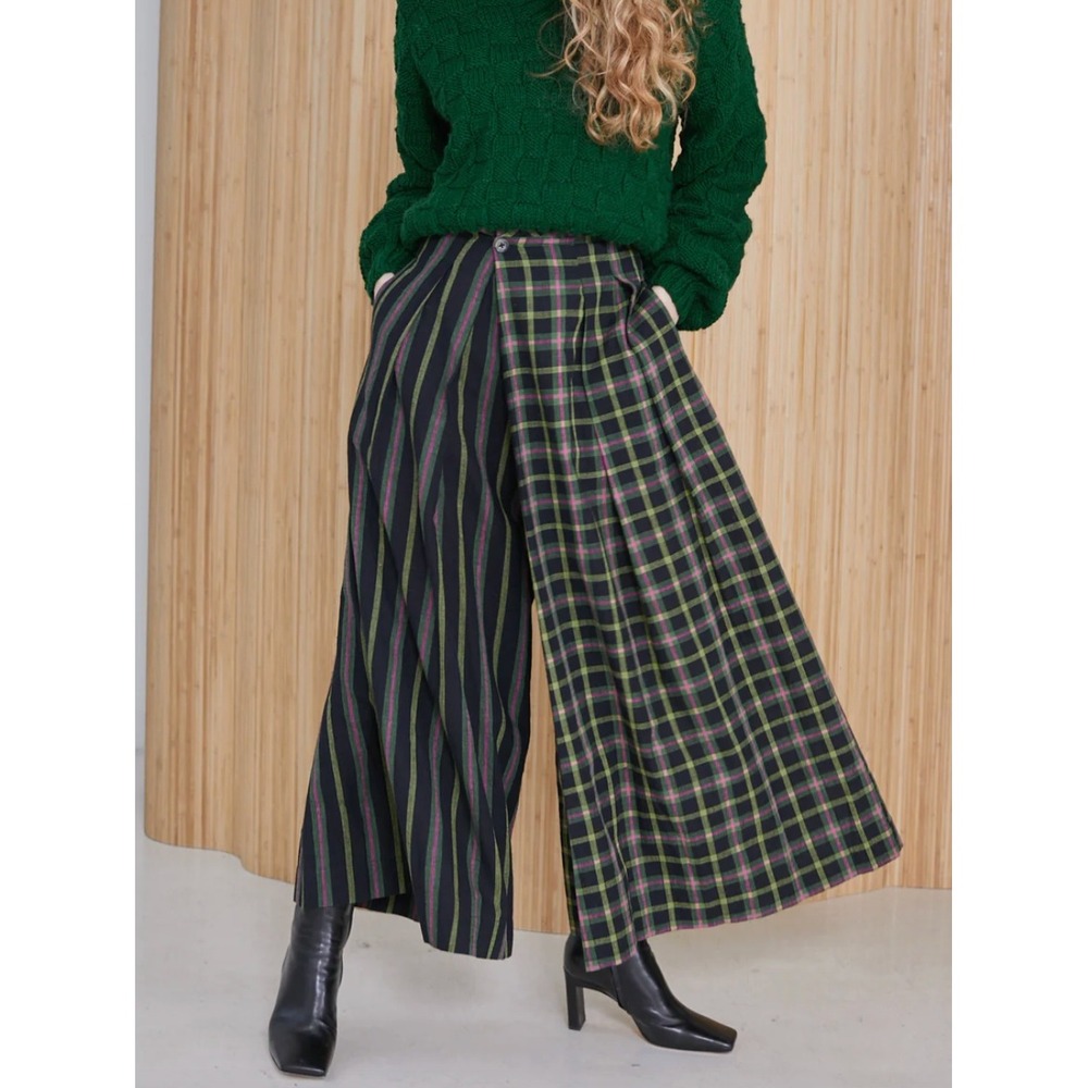 RUJUTA SHETH Frida Stripe + Plaid Barrel Wide Leg Pant in Strike Chex